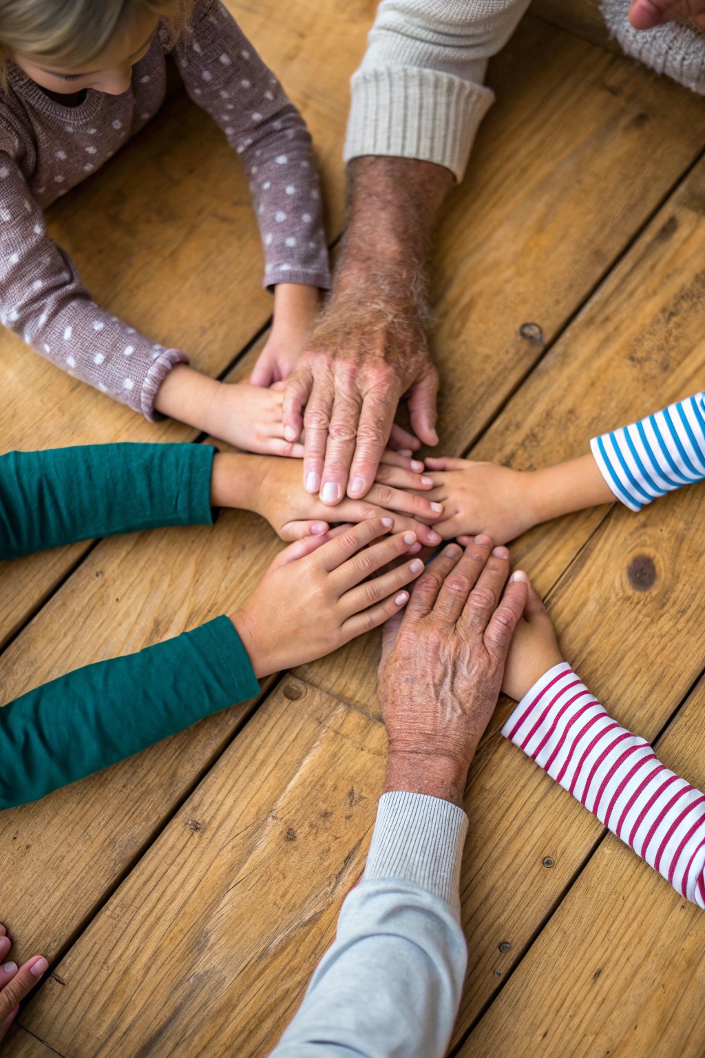 A heartfelt detail shot capturing the bond of family through touch.