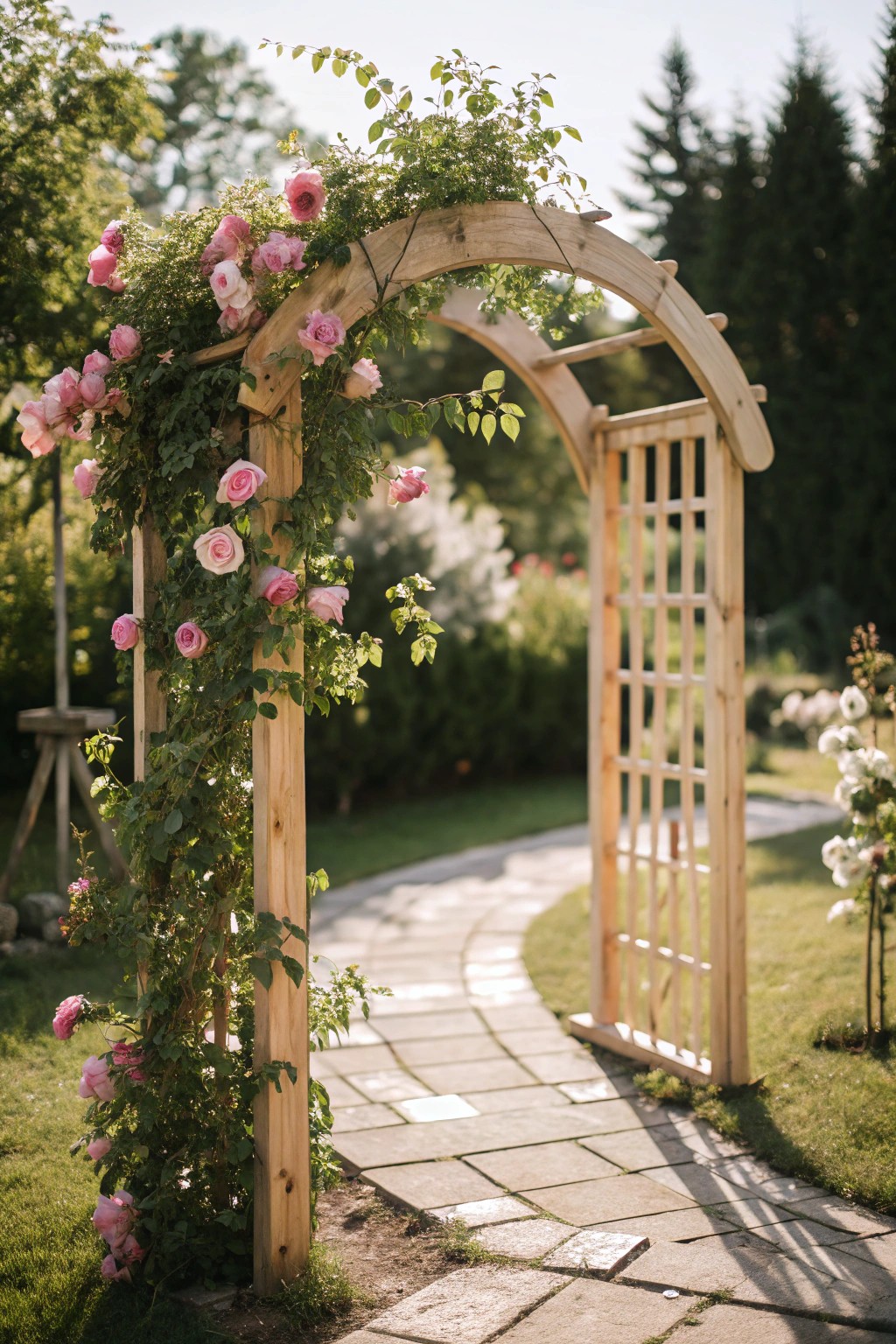 Step into charm—let a rose-draped arbor welcome you home.