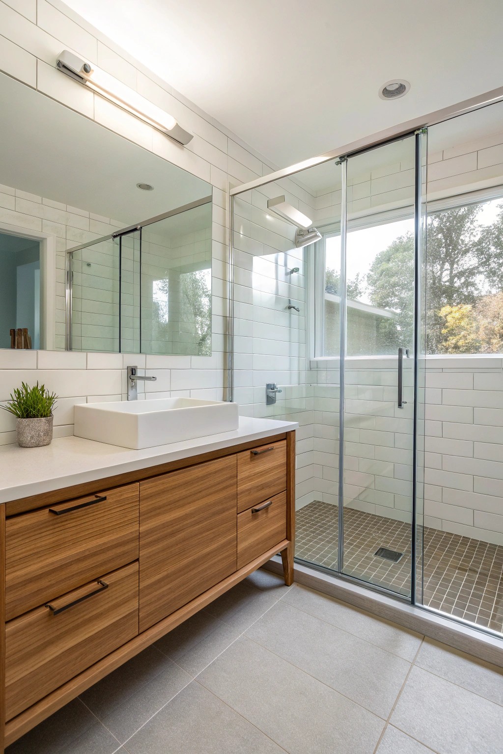 A floating vanity amplifies openness and harmony next to the curbless shower.