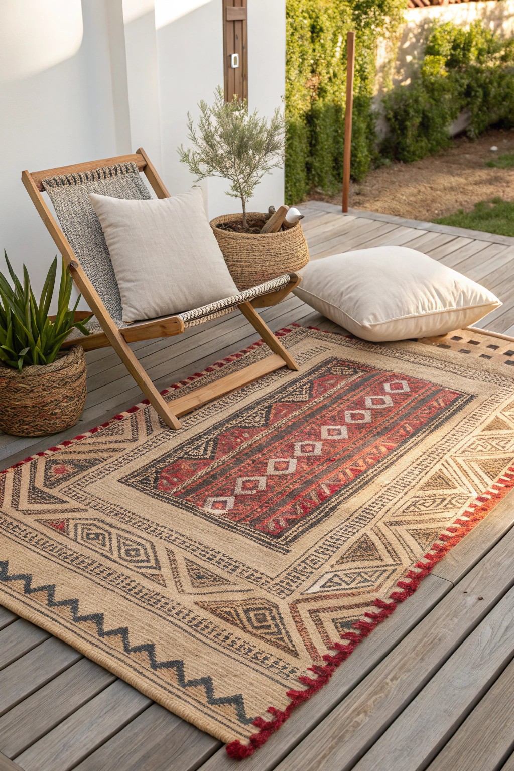 Elevate your deck with layered outdoor rugs—mix textures for instant style.