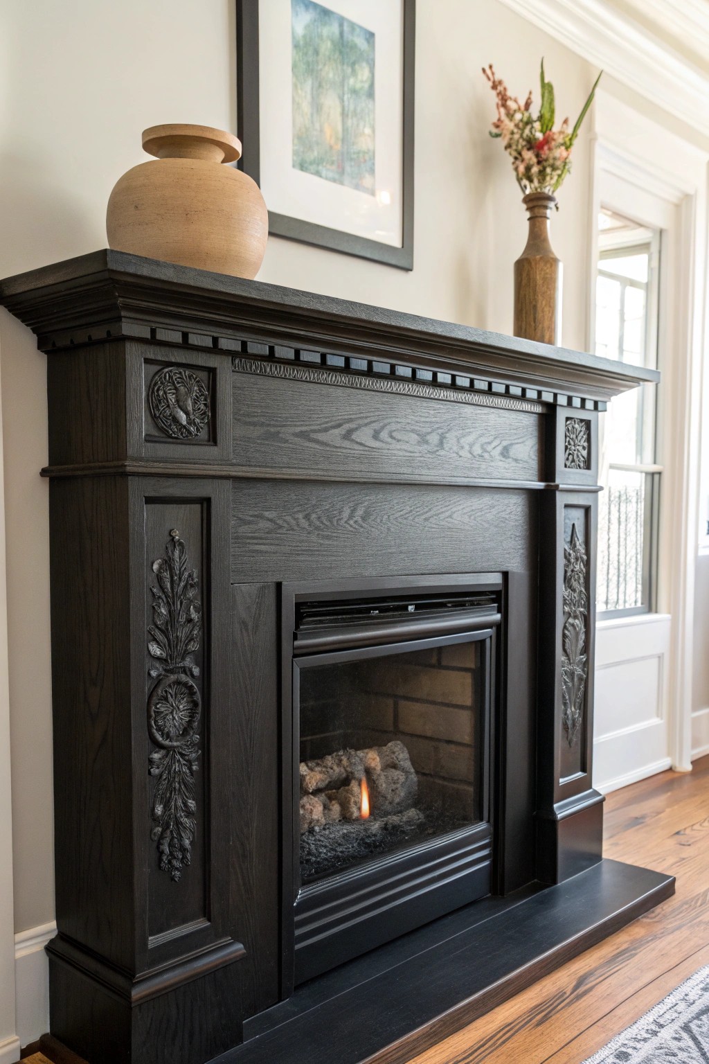 Classic mantel meets modern fireplace—timeless charm, effortless style.