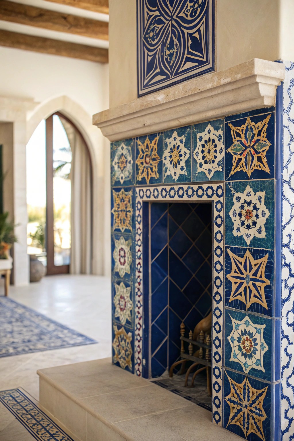 Bold blue Moroccan tiles turn the fireplace into a work of art.