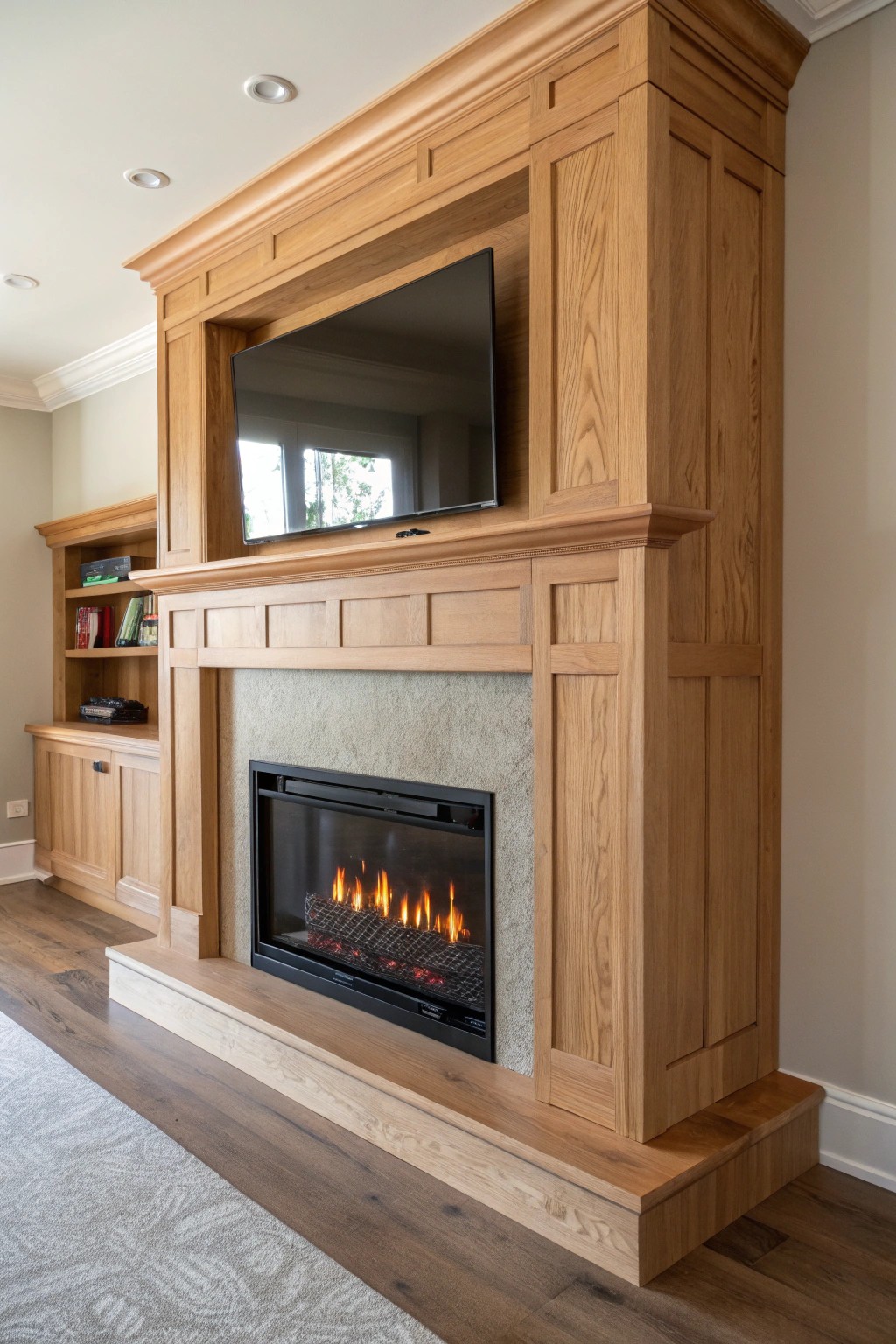 Effortless harmony: a modern fireplace surround doubles as a stylish entertainment hub.