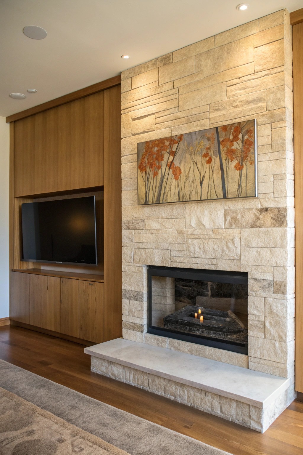 Seamless style: Artful sliding panels elegantly hide the TV above the fireplace.