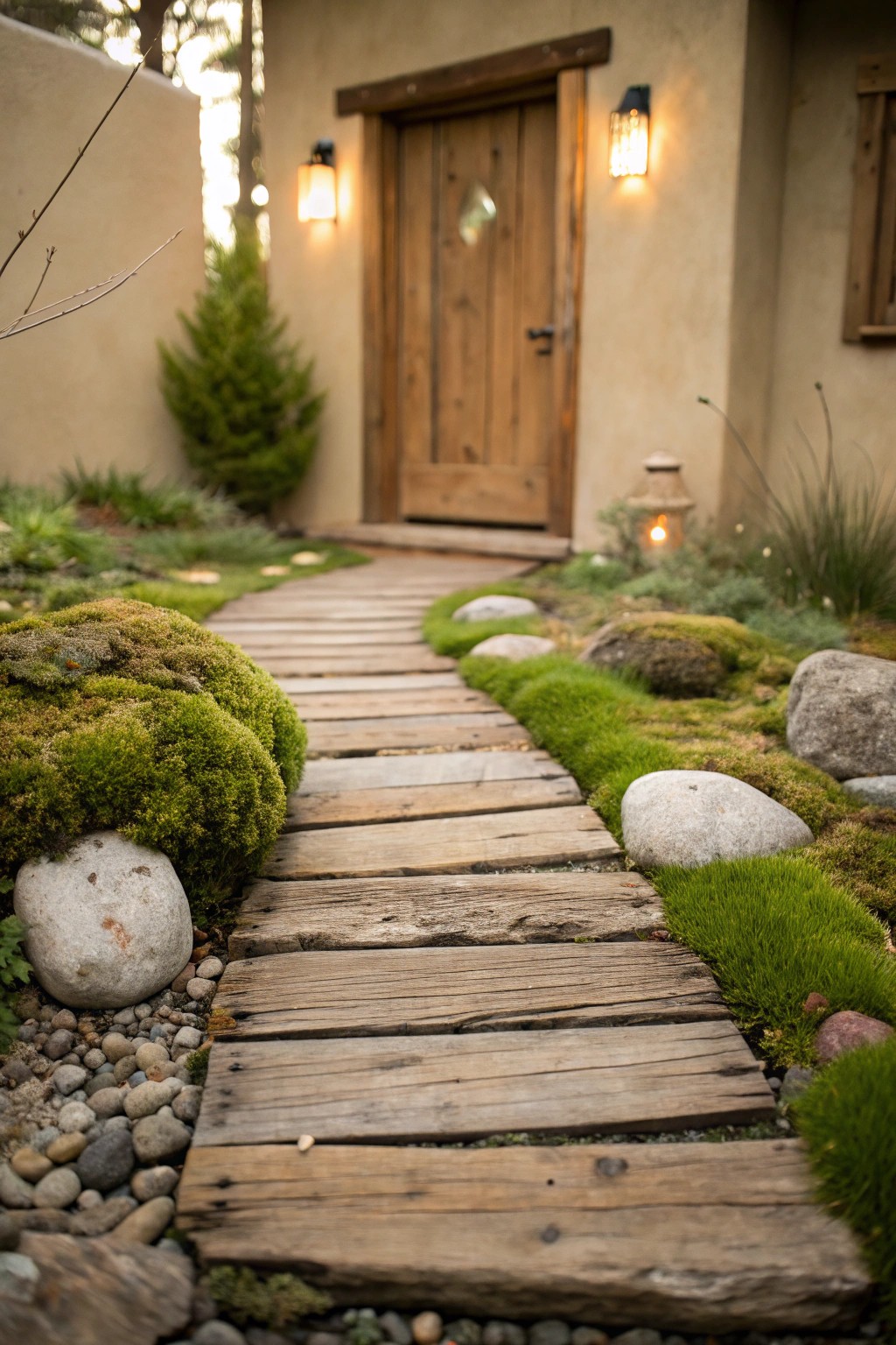 Welcome home: a rustic wood plank path brings timeless charm to your entryway.