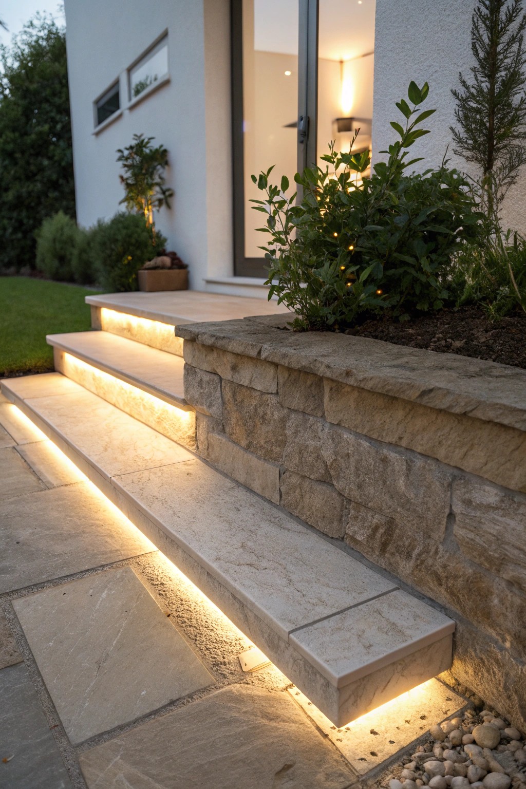 Elevate your entryway with softly glowing embedded step lighting.