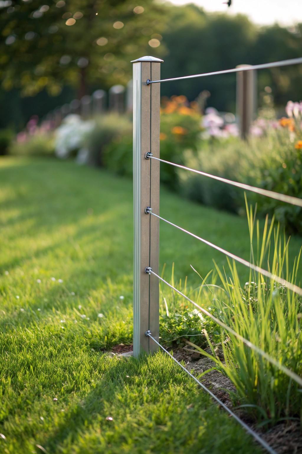 Effortless boundary: A minimalist cable wire fence accentuates natural beauty.