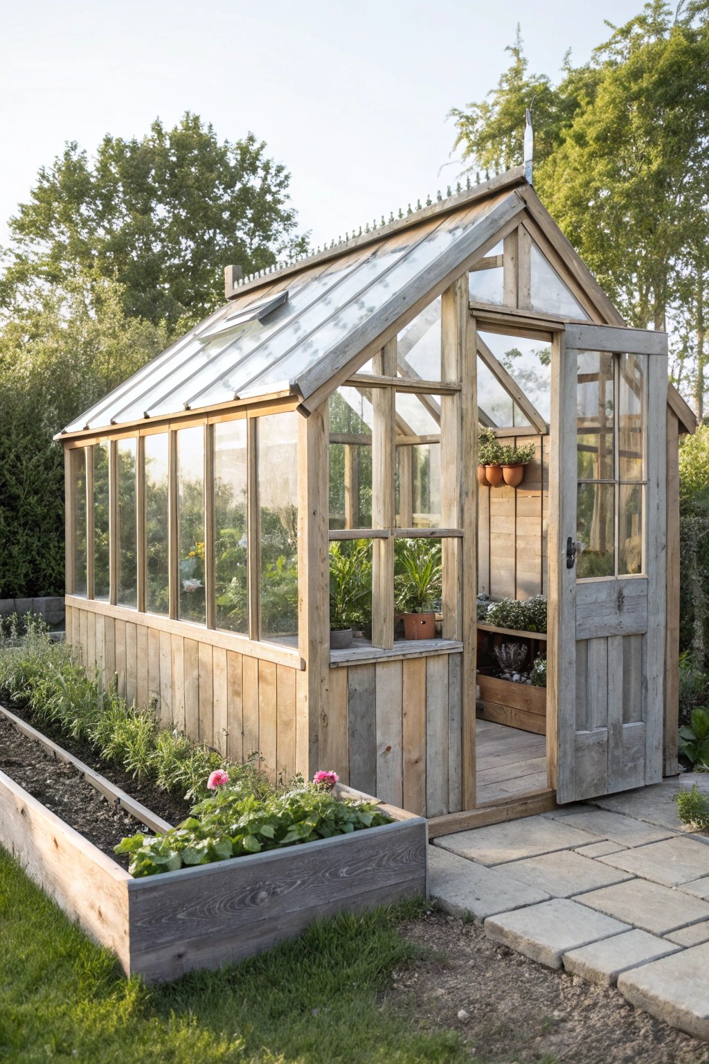 Transform your garage into a sunlit garden sanctuary with a handcrafted glass greenhouse.