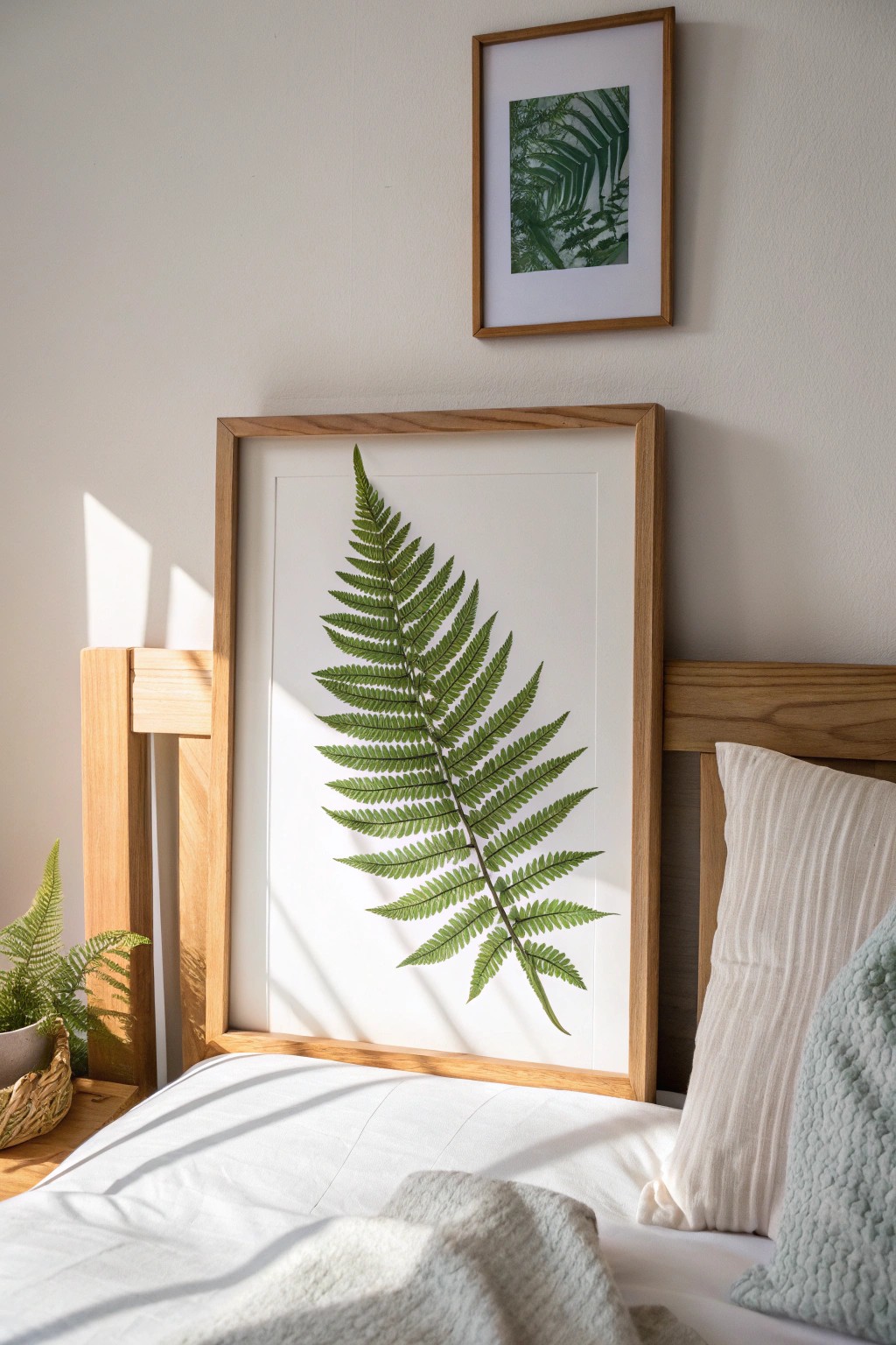 Bring nature indoors with a stunning framed fern print for a serene, green-inspired bedroom.