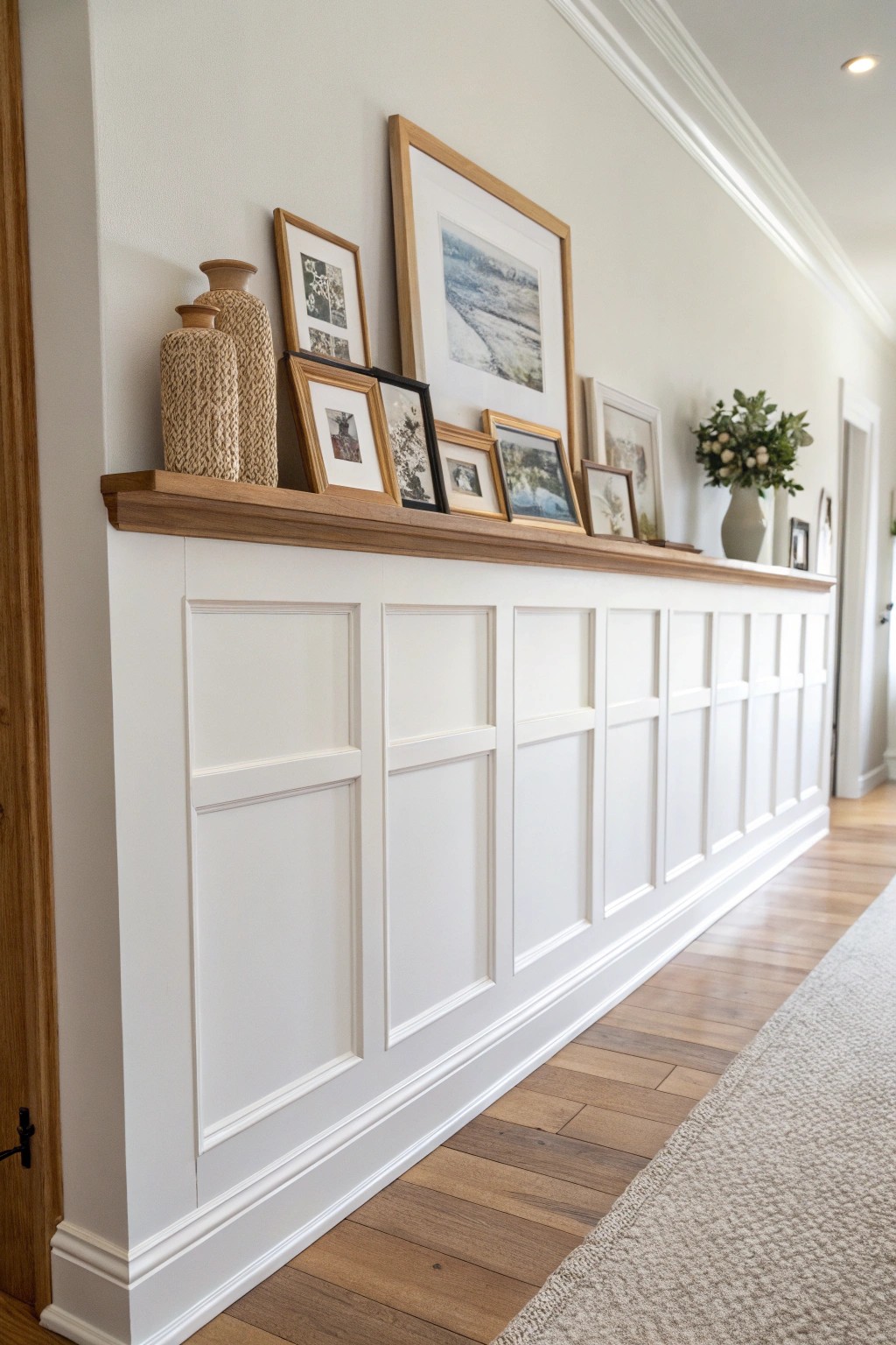 Elevate your hallway with timeless wainscoting and a picture ledge for effortless, ever-changing style.