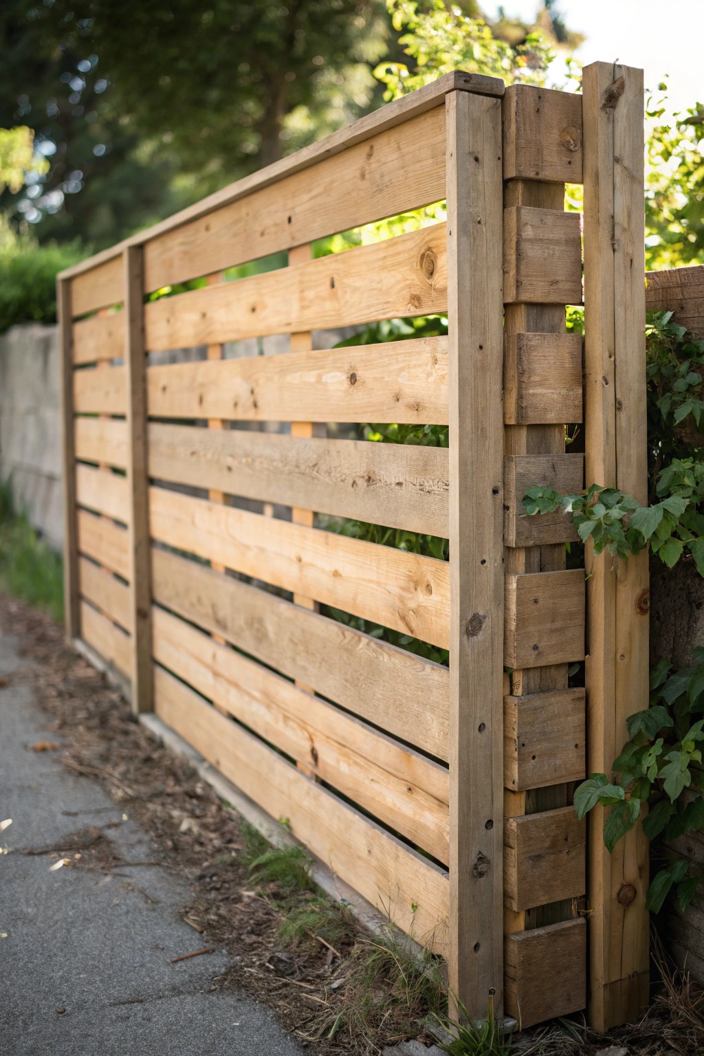 Chic simplicity: Upcycled pallet fence for a touch of rustic charm.