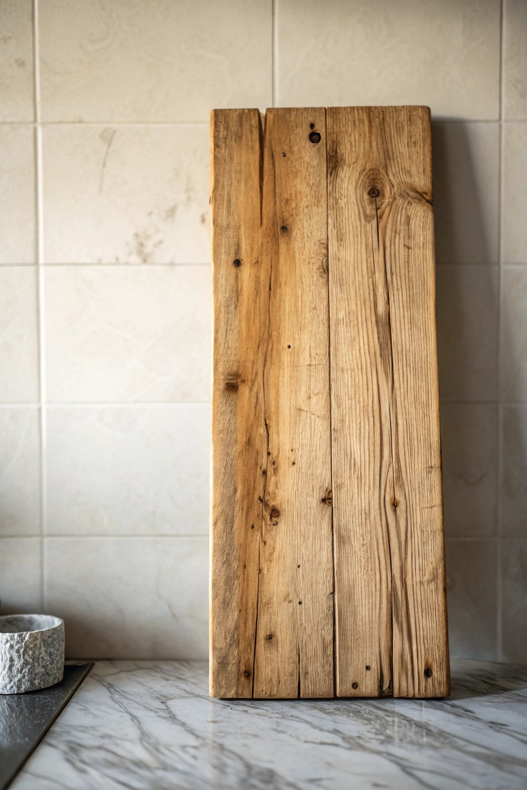 Rustic charm: a single reclaimed wood plank brings warmth and character to any kitchen backsplash.