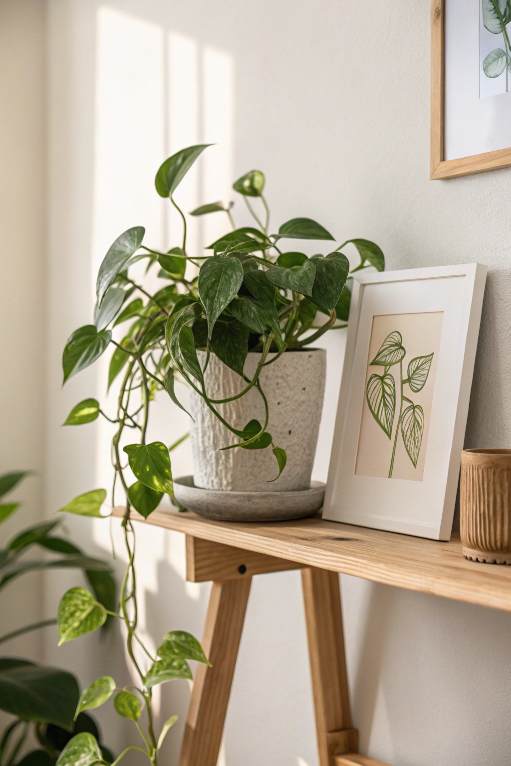 Bring life into your laundry room with art and greenery—simplicity meets beauty.