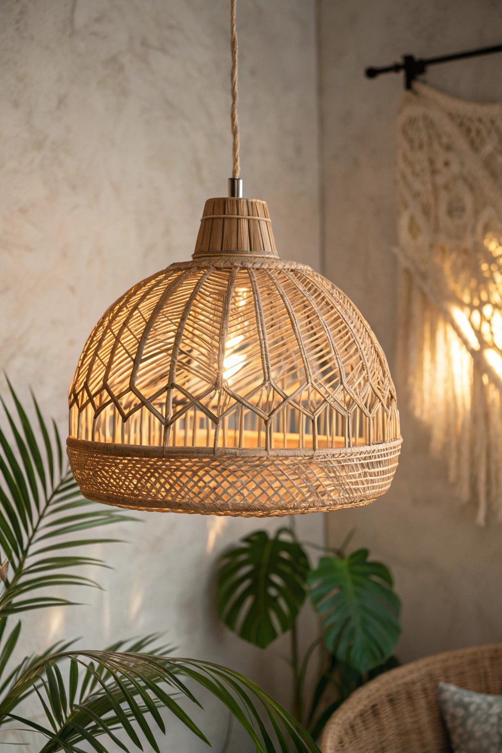 Elevate your living room with the simple elegance of a woven rattan pendant light.