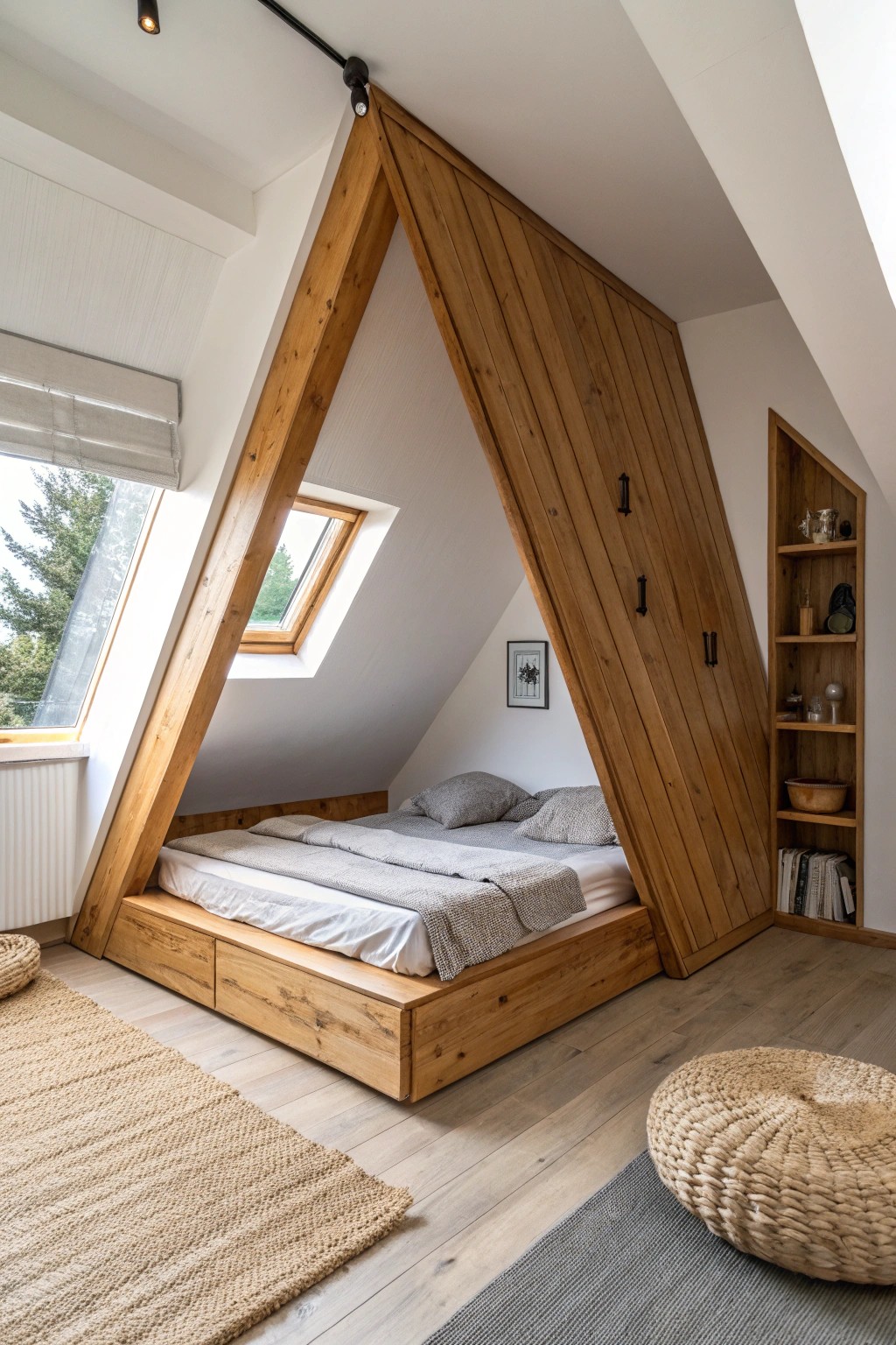 Geometric elegance: A custom triangular sleeping pod transforms this loft bedroom into a stunning retreat.