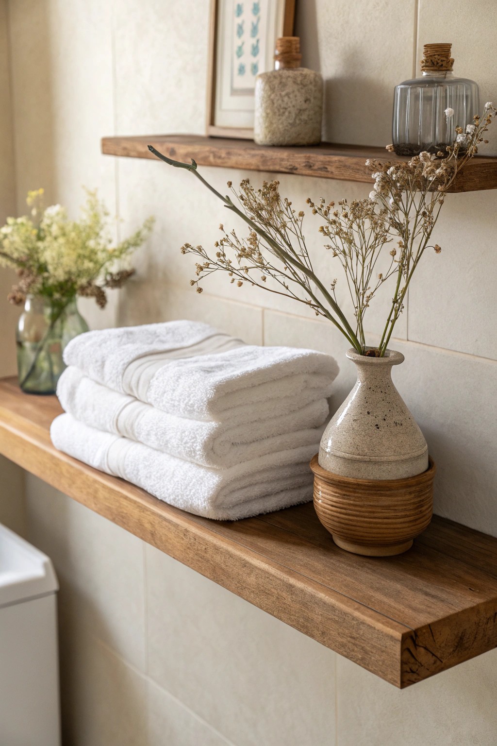 Elevate your bathroom with open shelving that beautifully displays curated essentials.