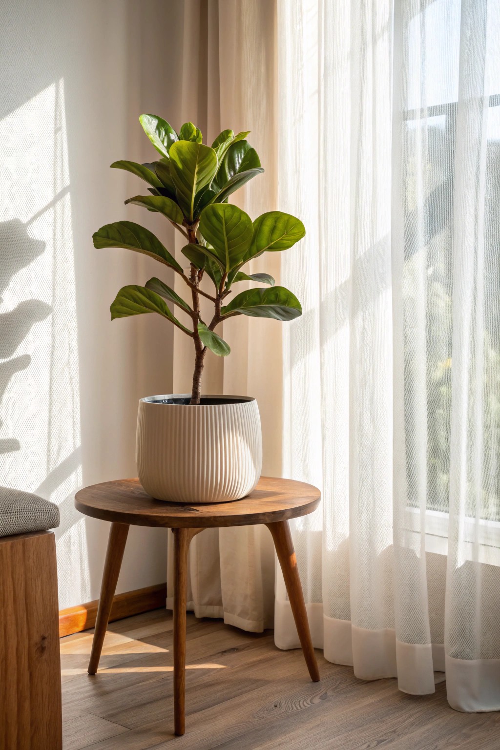 A fiddle leaf fig breathes life and elegance into mid-century modern simplicity.