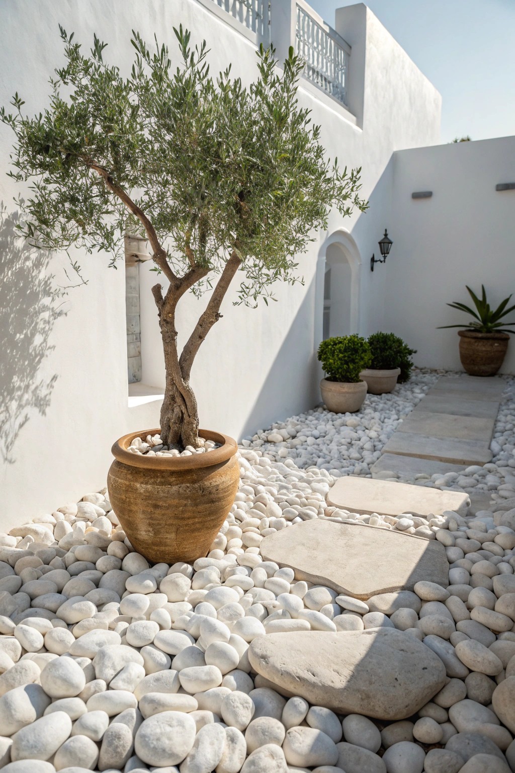 Bring Mediterranean charm home: A white stone courtyard with handcrafted details.