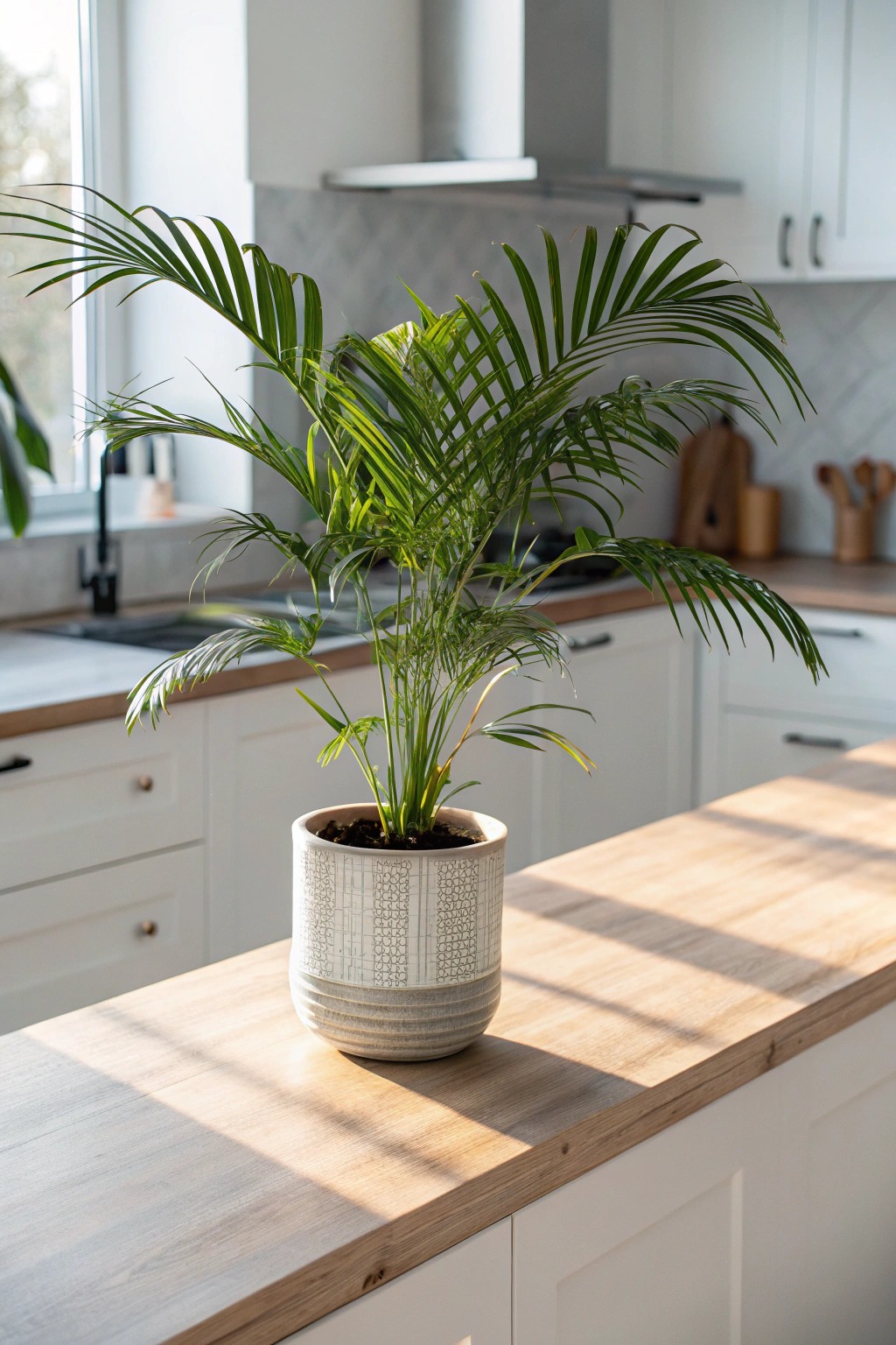 Bring coastal freshness into your kitchen with a single, stunning potted palm.