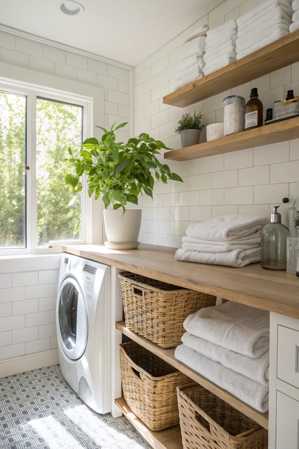 Greenery enlivens the laundry room and softens modern lines.
