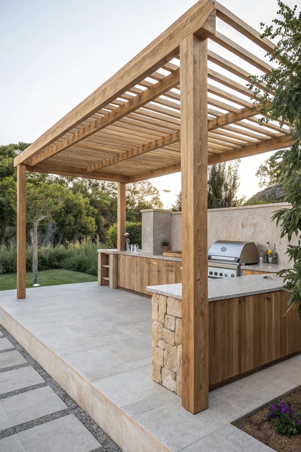 Elegant pergola meets outdoor kitchen—where simplicity and craftsmanship create the perfect backyard retreat.