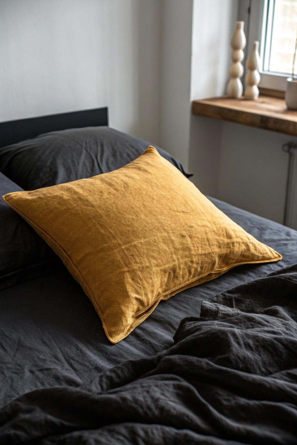 Unexpected contrast: a bold ochre pillow pops against a moody dark bedscape.