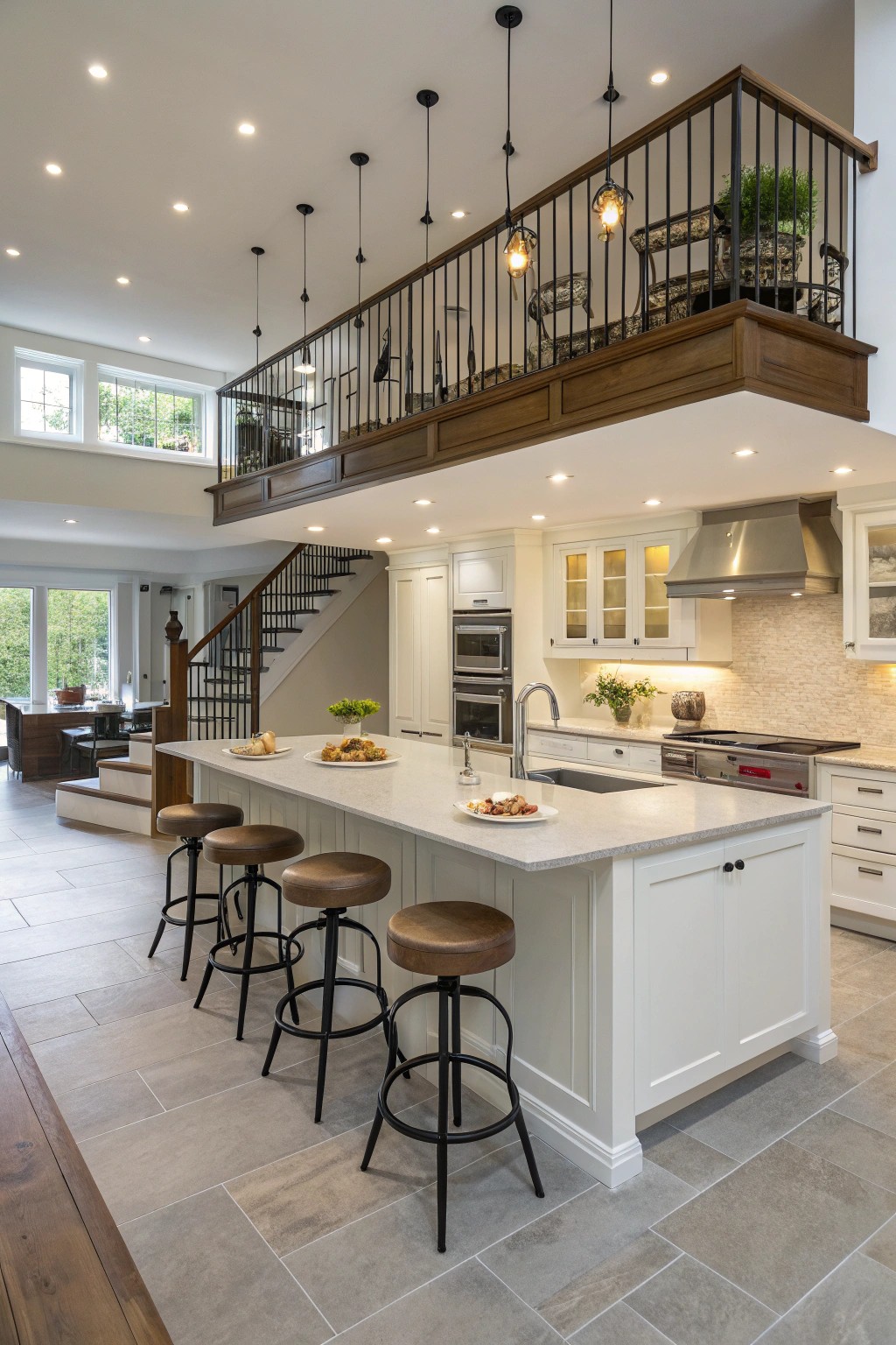 A multi-level island elegantly separates prep and dining zones in this open kitchen.