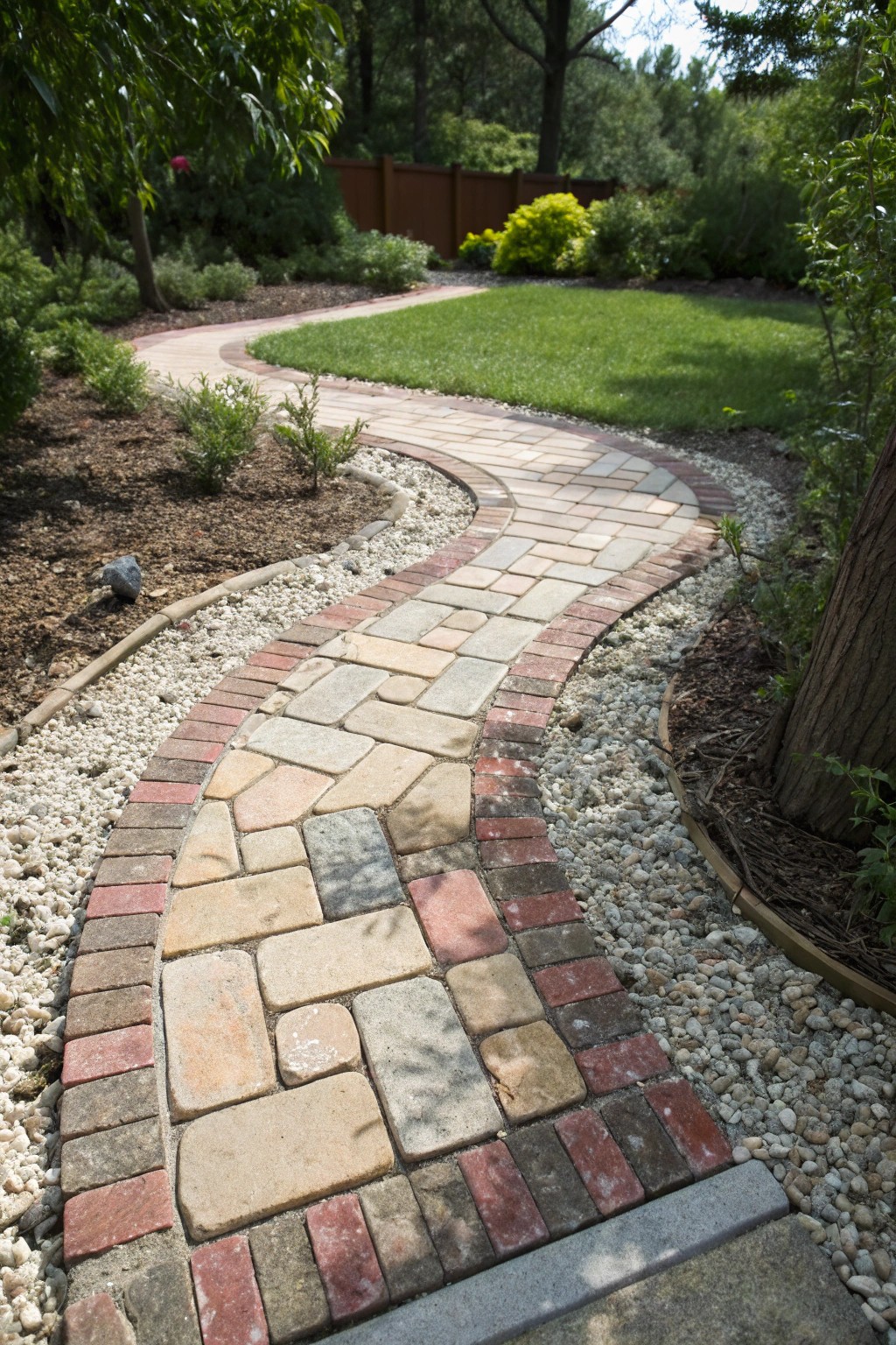 A harmonious blend of stone, brick, and gravel creates a walkway with timeless charm.