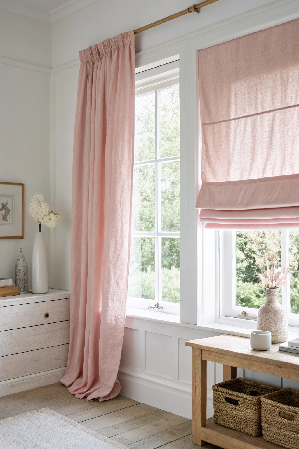 Elevate your space with unexpected pink blinds—where simplicity meets artisan charm.