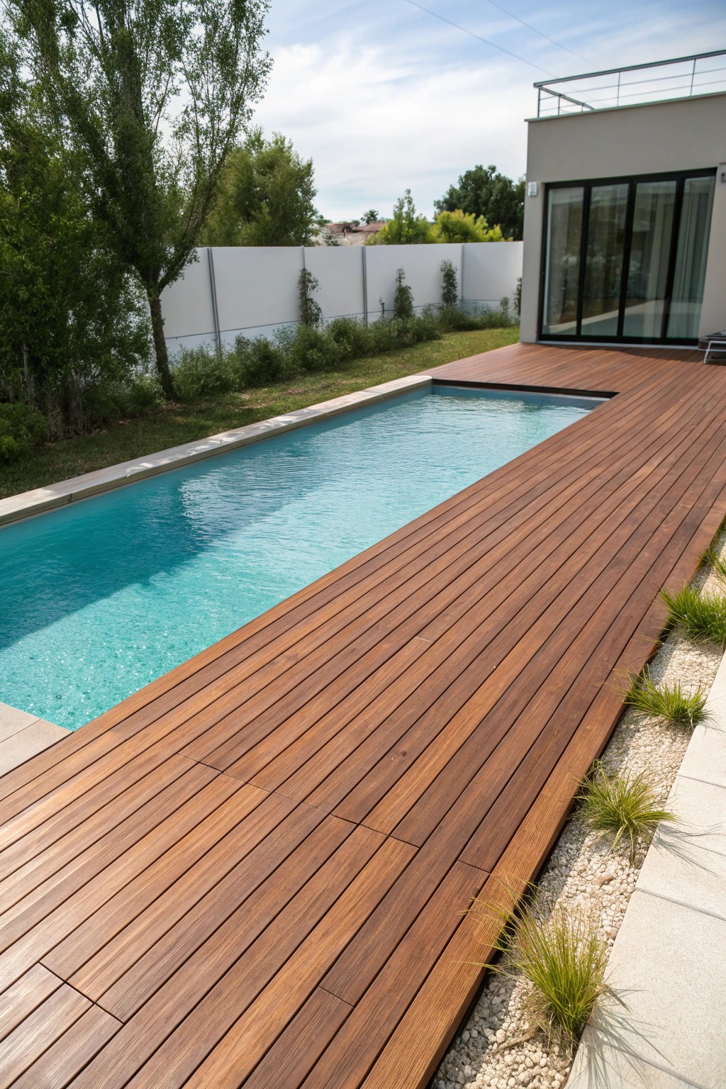 Sleek wooden pool decking—where modern design meets natural beauty.