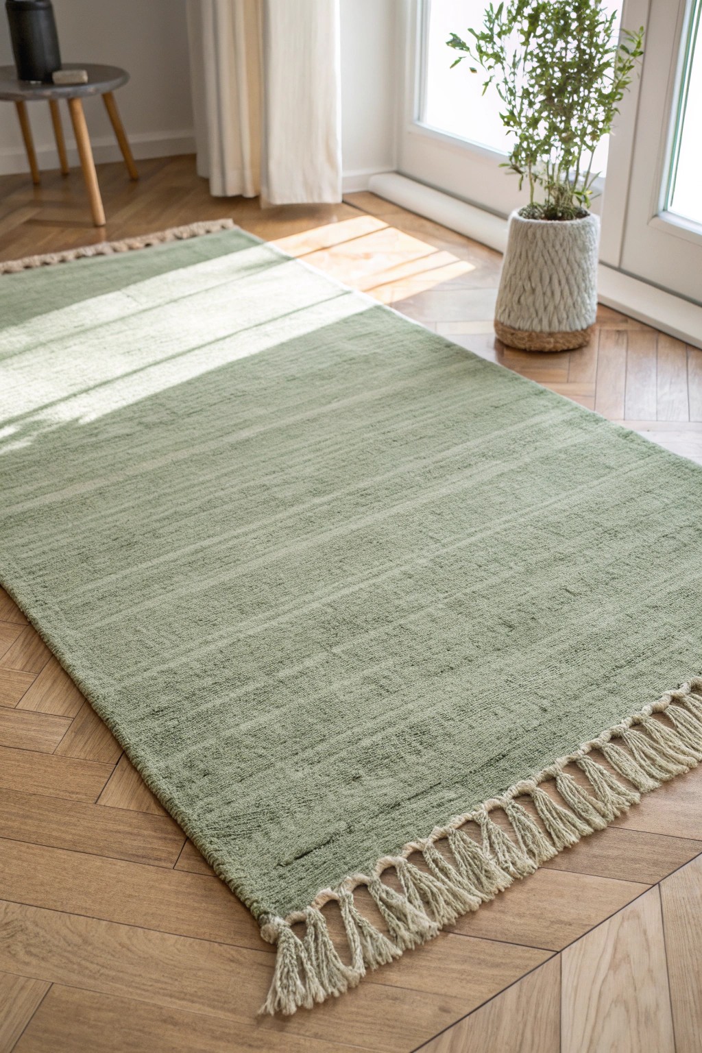 Elevate your bedroom with a handcrafted sage green rug—pure, simple, and stunning.
