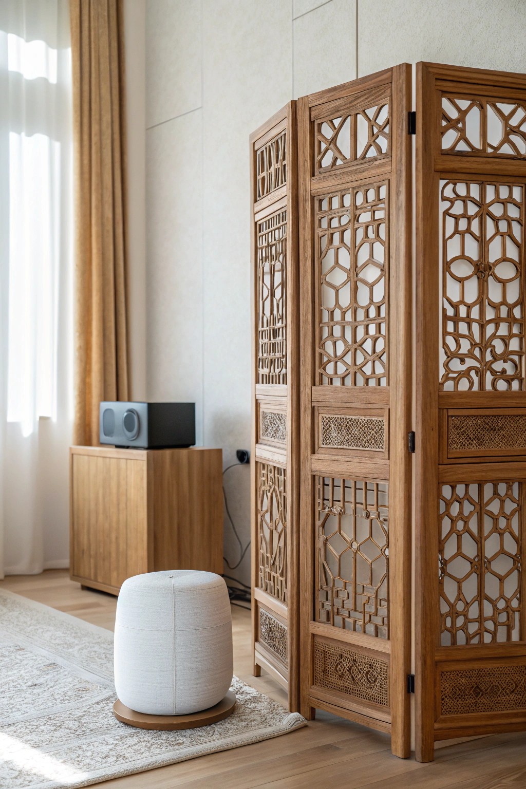 Create a calming oasis with hidden soundscapes behind a handcrafted wooden screen.