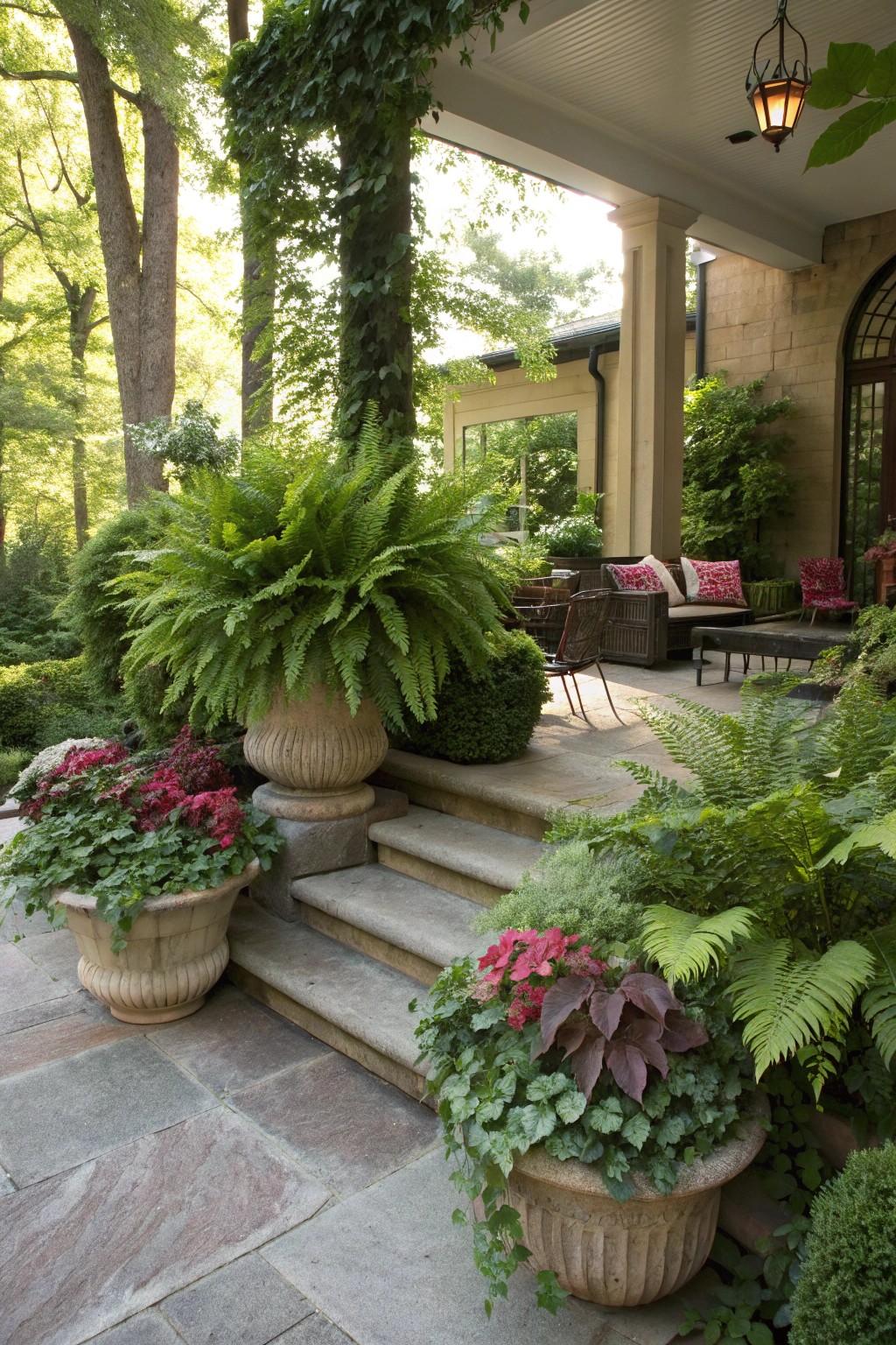 Shade-loving container gardens add easy color and flexibility to patios.