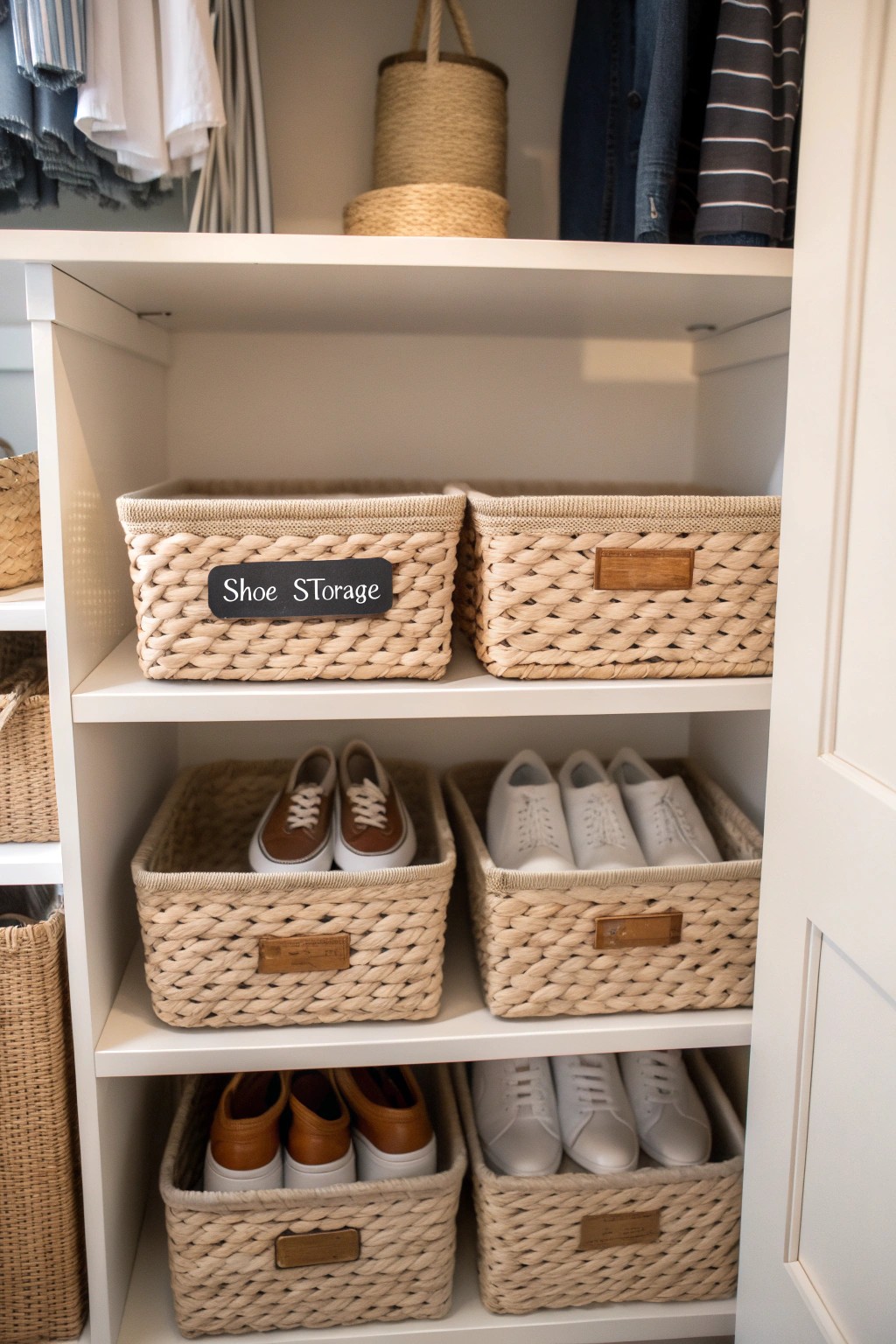 Wicker baskets corral seasonal shoes and add warmth to your closet.