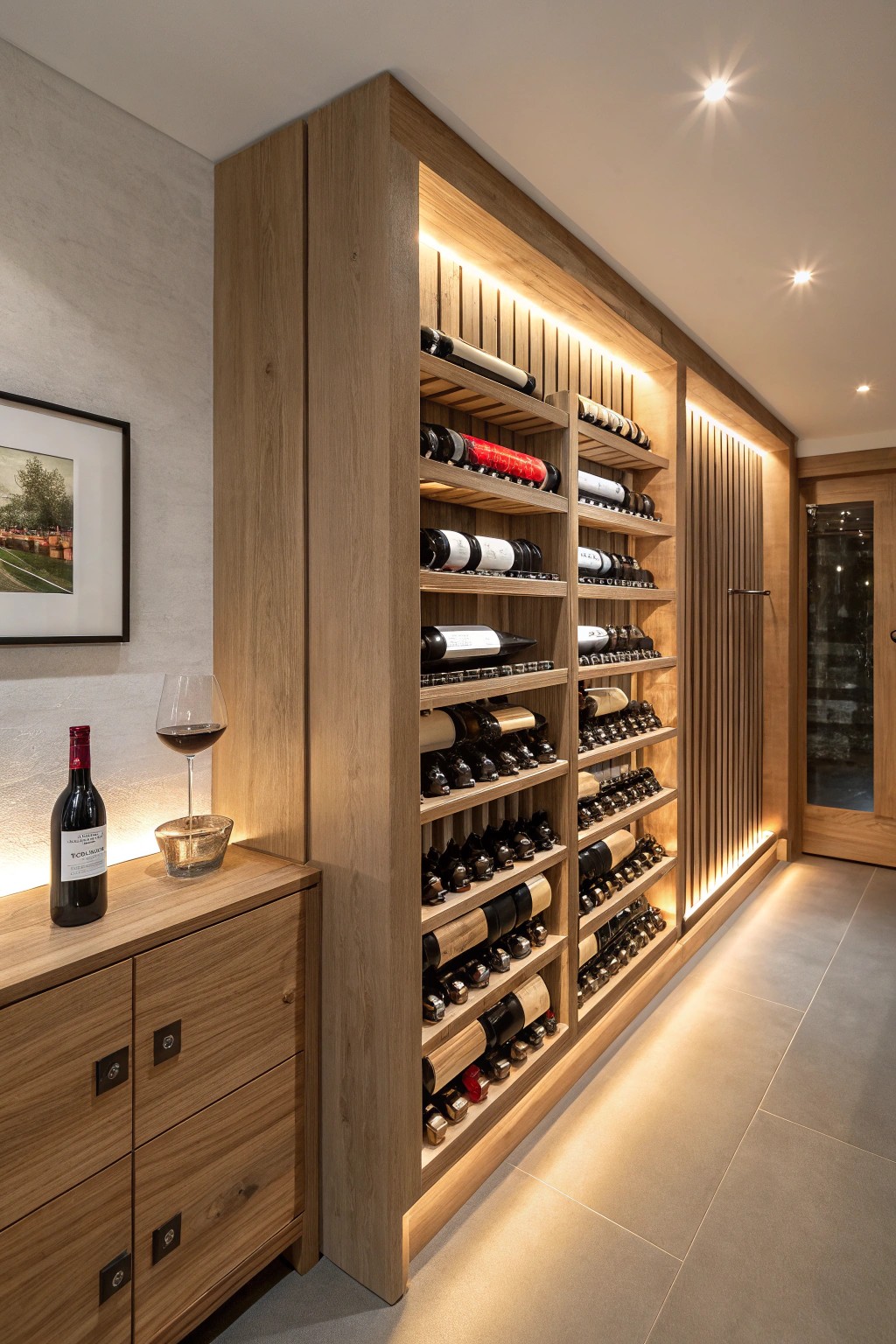 A simple wine wall brings unexpected luxury and refined craftsmanship to any finished basement.
