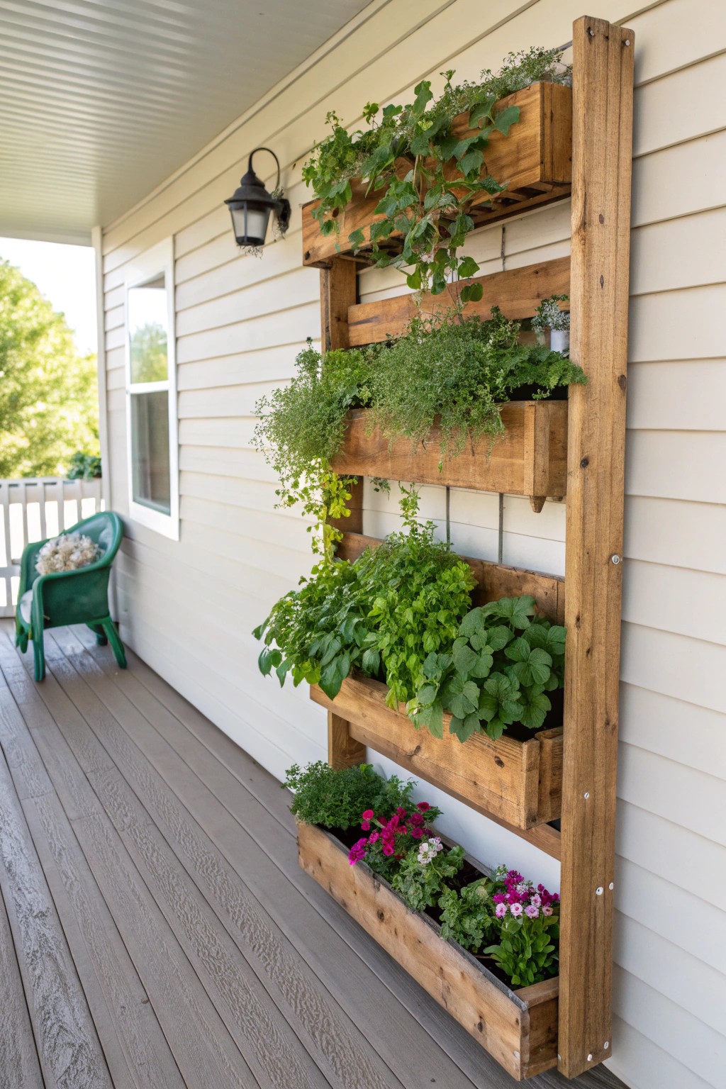 Bring life to your porch with a minimalist vertical herb garden—beauty and function in one elegant display.