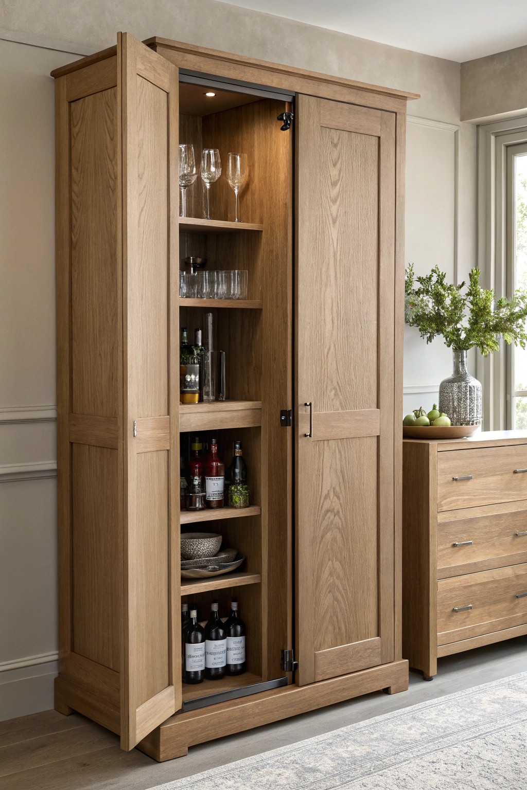 Uncover the magic: a hidden home bar revealed behind crafted cabinet doors.