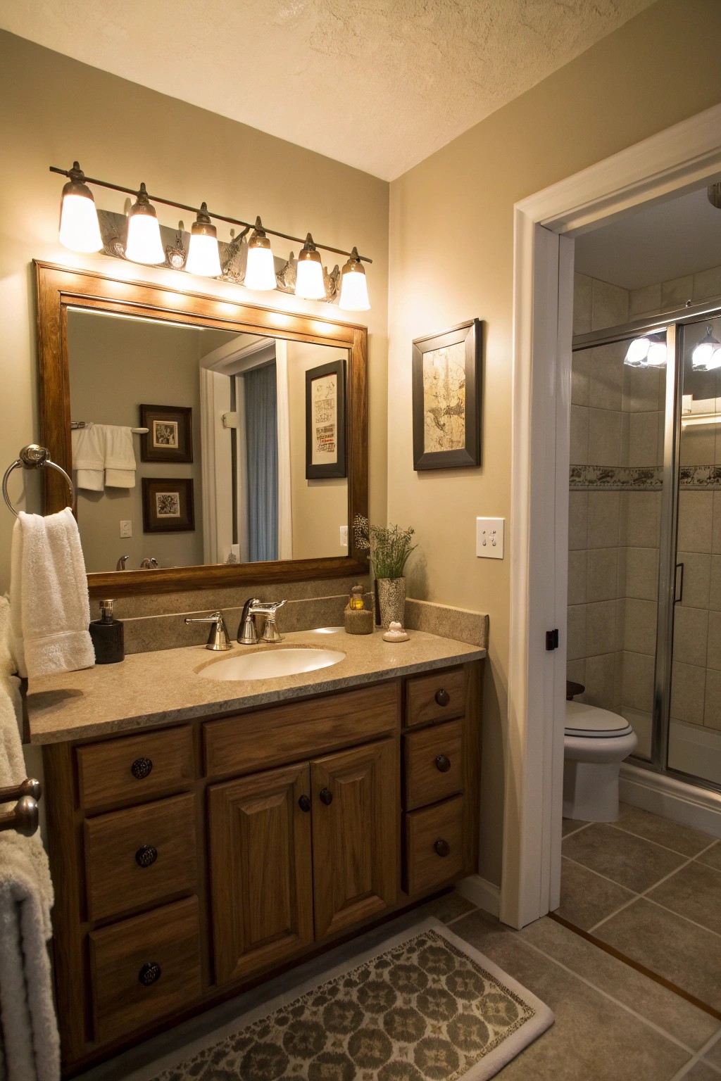 Layered lighting creates an inviting, spa-inspired ambiance.
