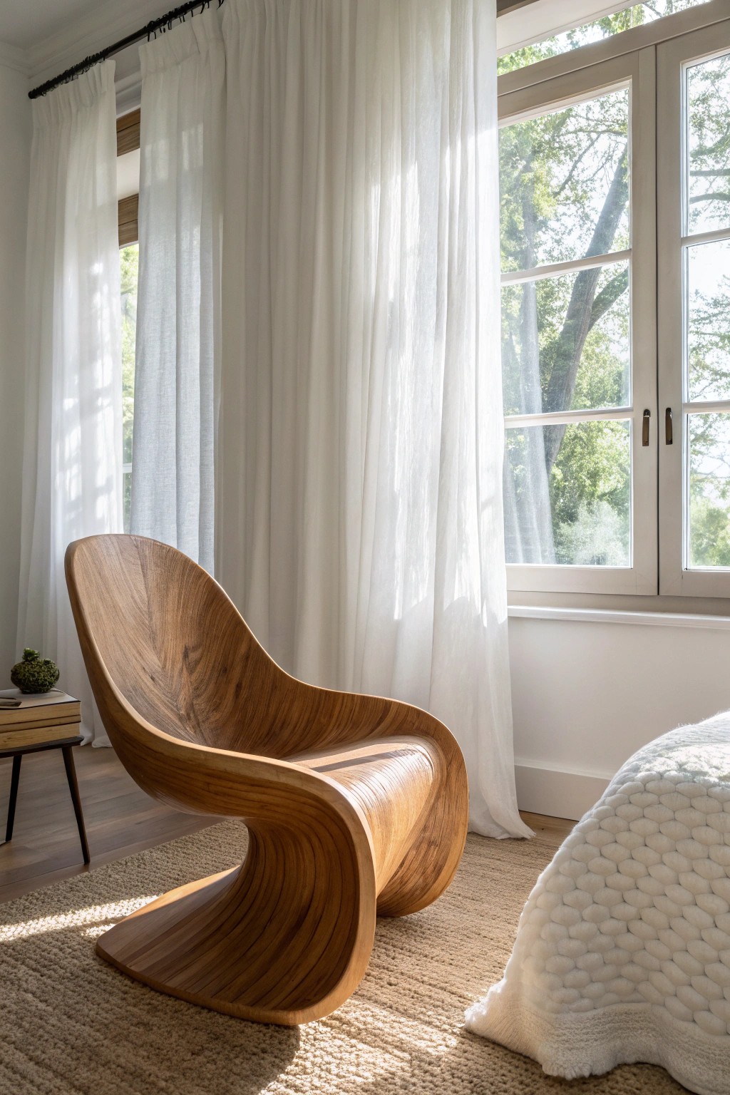 Elevate your small bedroom with a stunning sculptural accent chair—where natural beauty meets refined simplicity.