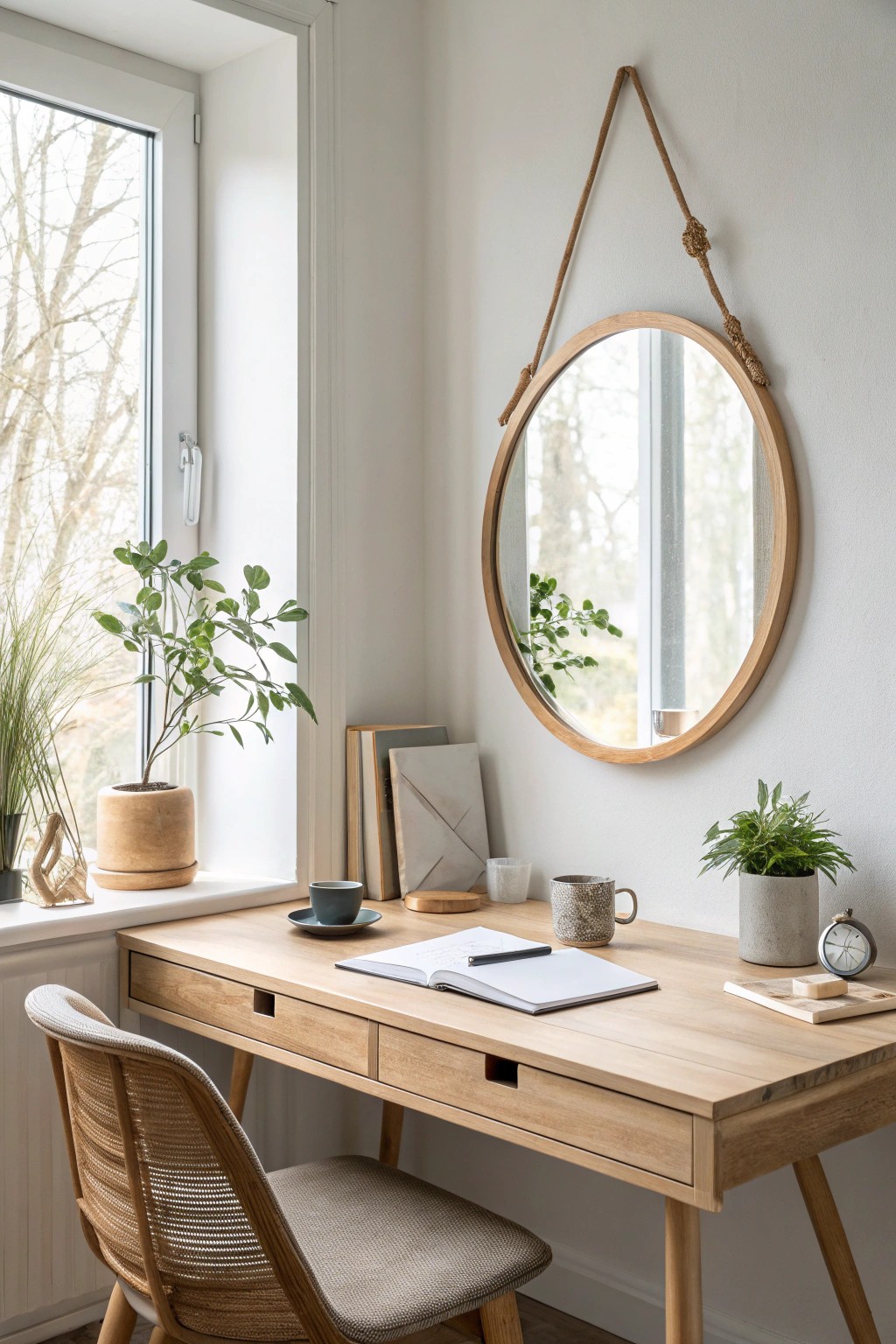 A statement mirror brings light and spaciousness to your cozy office corner.