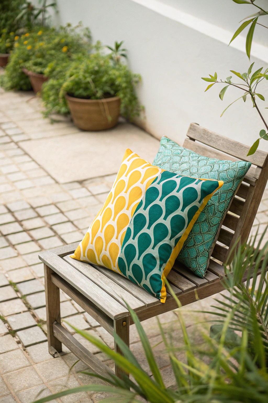 Brighten your patio with a handcrafted, patterned pillow—simple change, stunning impact.