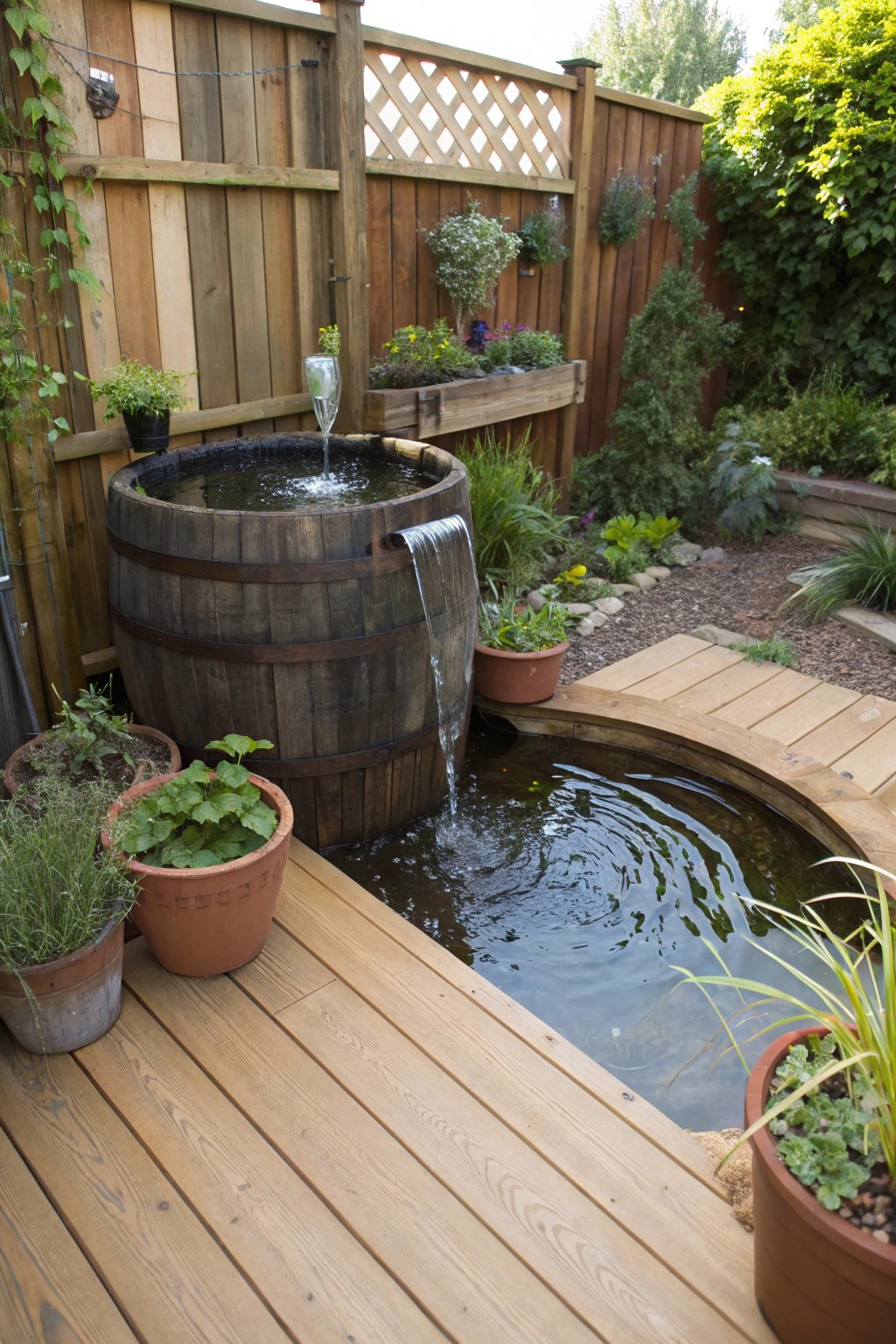A sunken barrel pond with a mini waterfall—perfect for small spaces.