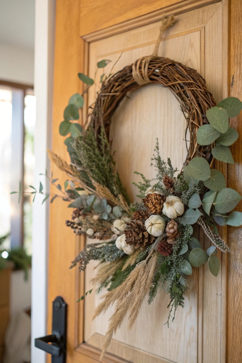 A natural wreath transforms your porch with effortless seasonal charm.