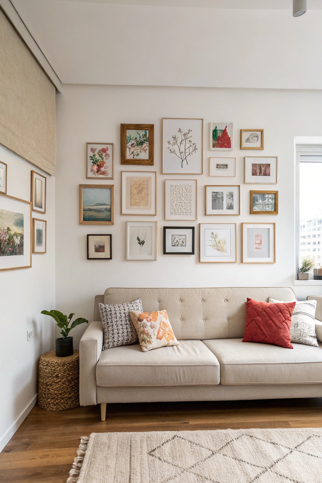A carefully arranged gallery wall adds style without overwhelming the space.
