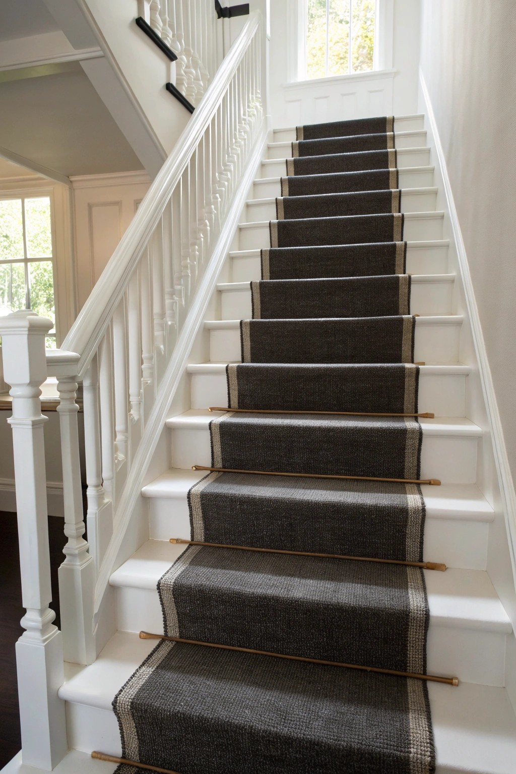 Bold contrast meets modern elegance: a charcoal stair runner transforms this staircase into a statement piece.
