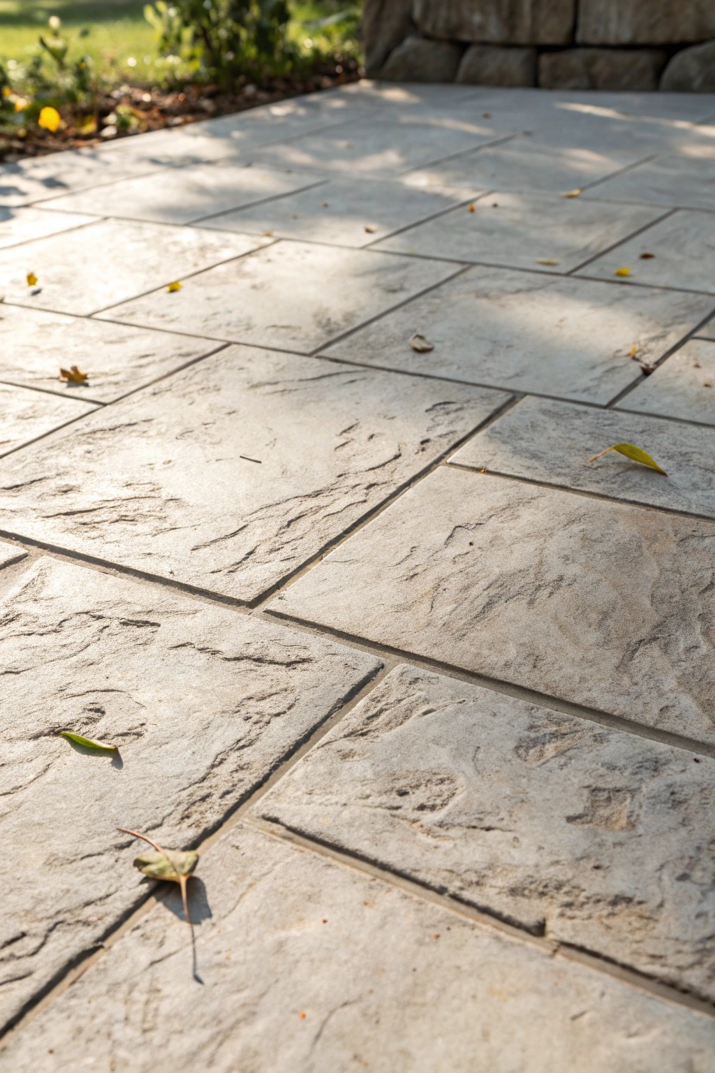 Weathered beauty: a color-washed stamped concrete tile with timeless, natural charm.