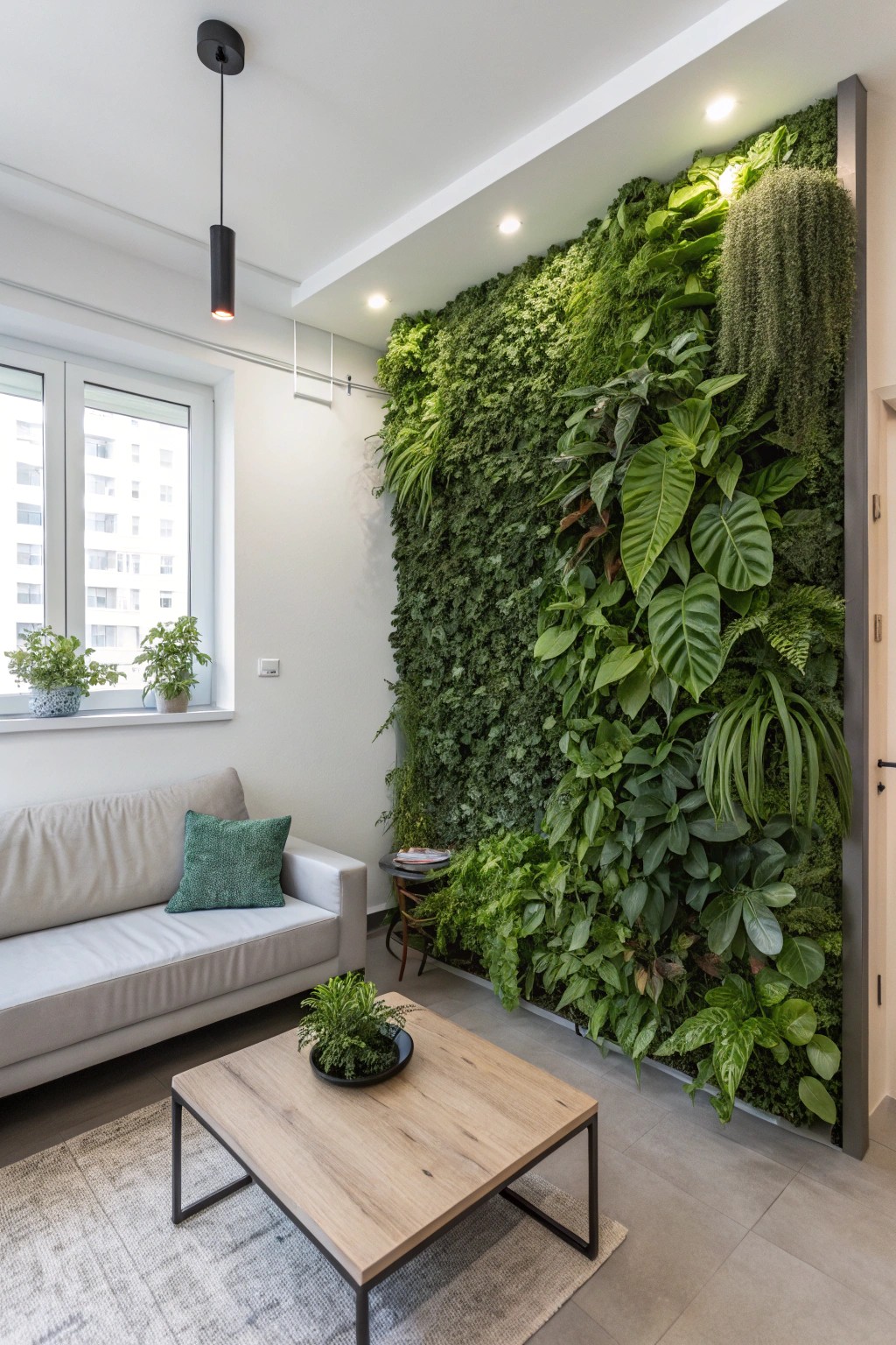 A vertical garden brings vibrant life to compact living quarters.
