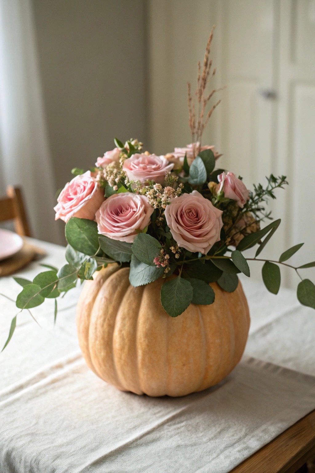 Elevate your Thanksgiving table with a handcrafted pumpkin vase bursting with autumn blooms.