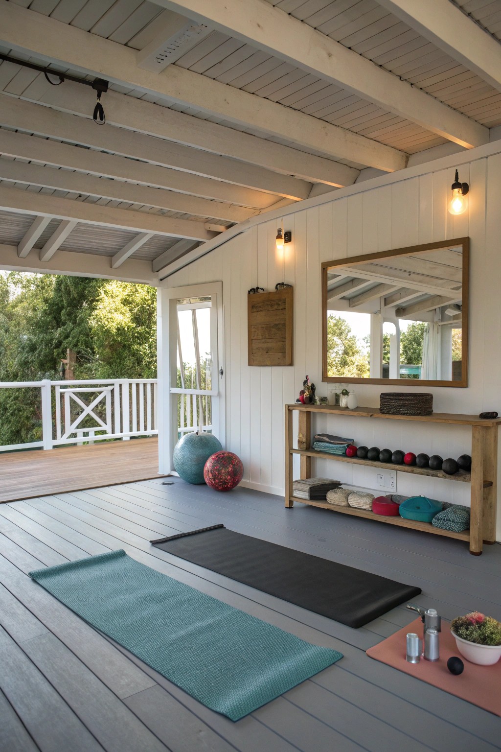A dedicated under deck yoga and fitness area makes daily movement both easy and inspiring.