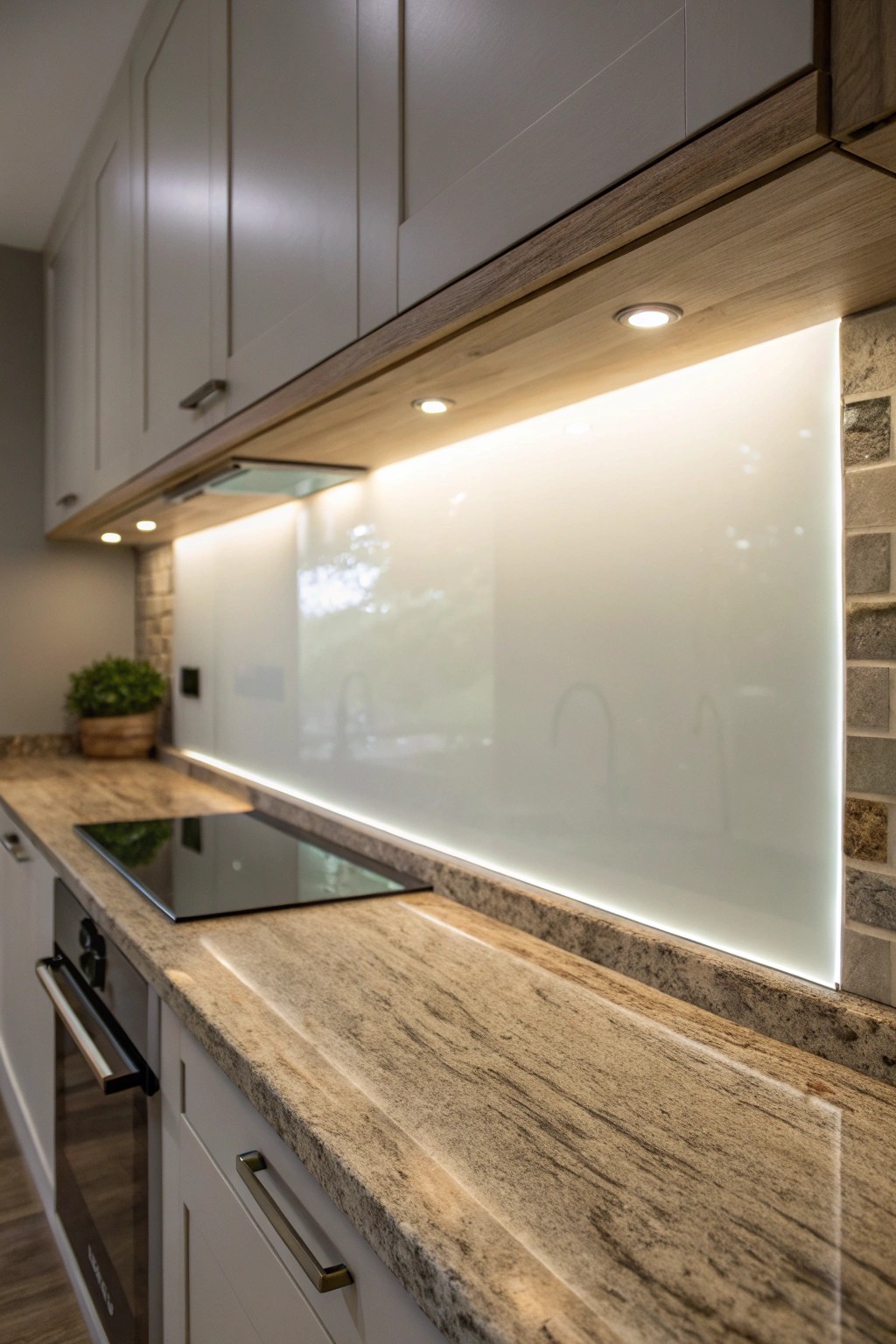 Bring serene ambiance to your kitchen with a glowing backlit glass backsplash.